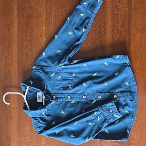 Old Navy Boys 4T Navy Blue Green Dinosaur Print Button Down Shirt 100% Cotton